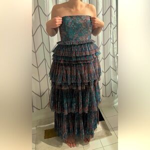 Hutch Strapless Tiered Floral Gown in Teal and Rust
